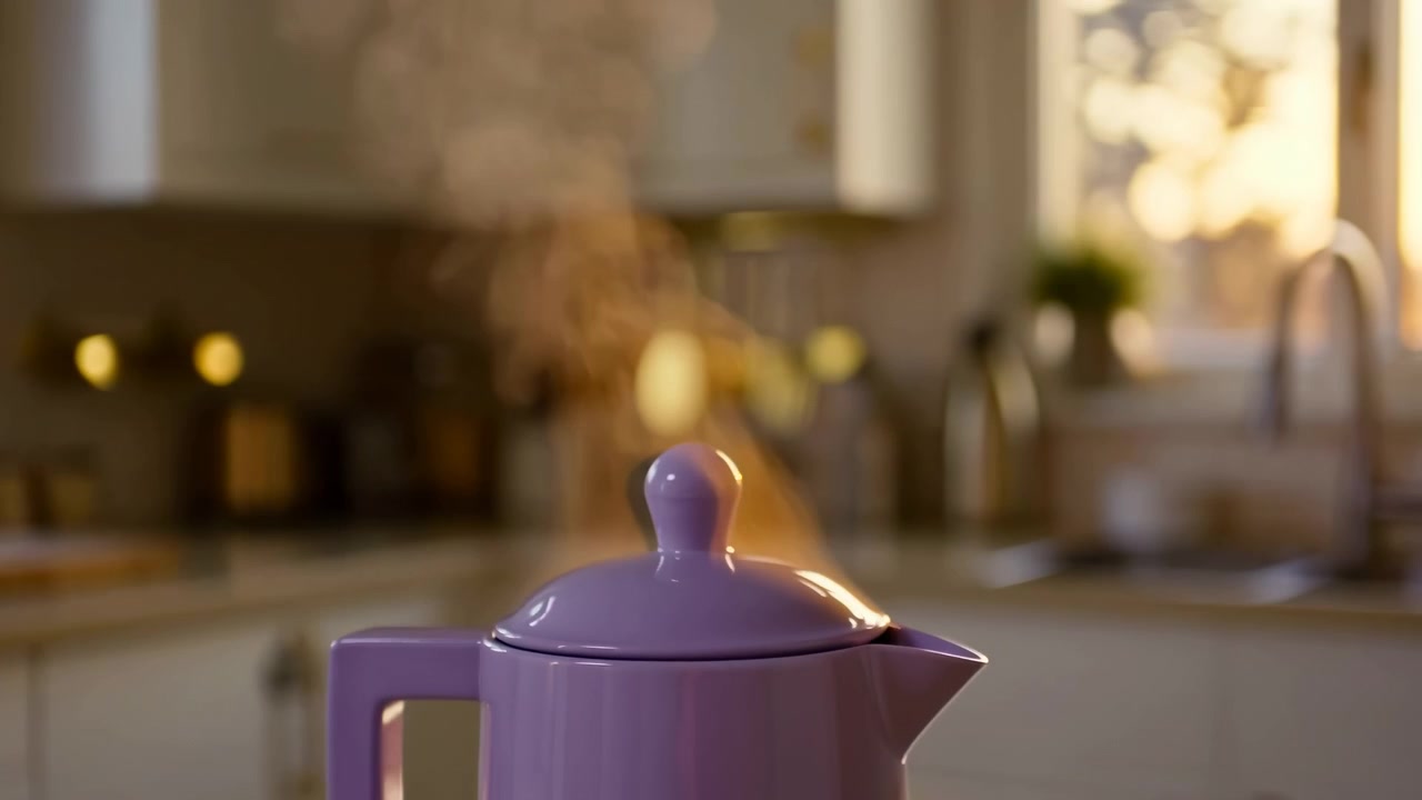 Vue frontale rapprochée d'une théière en céramique violette brillante avec couvercle et bouton arrondi sur un comptoir de cuisine, de la vapeur chaude s'élevant du bec indiquant un contenu chaud et une utilisation récente.