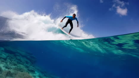 dynamic split-level view of surfers riding powerful ocean waves above vibrant underwater marine life