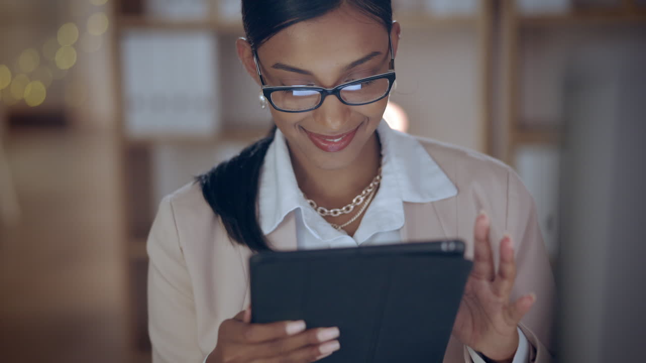 Business woman, happy and tablet in night office