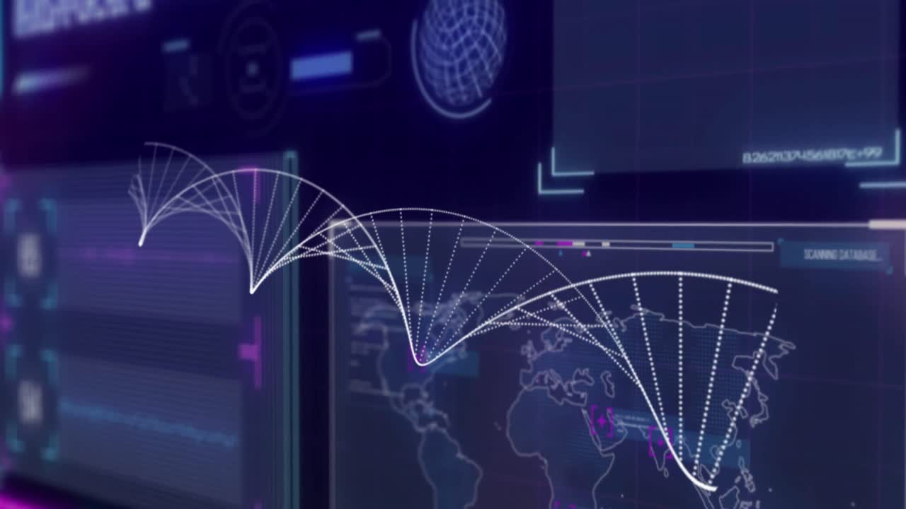 Animation of dna strand over data processing on black background