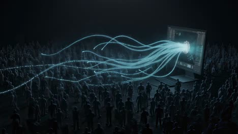 A large crowd has come together in a dimly lit area to experience a stunning digital showcase featuring animated light effects that dance across the space