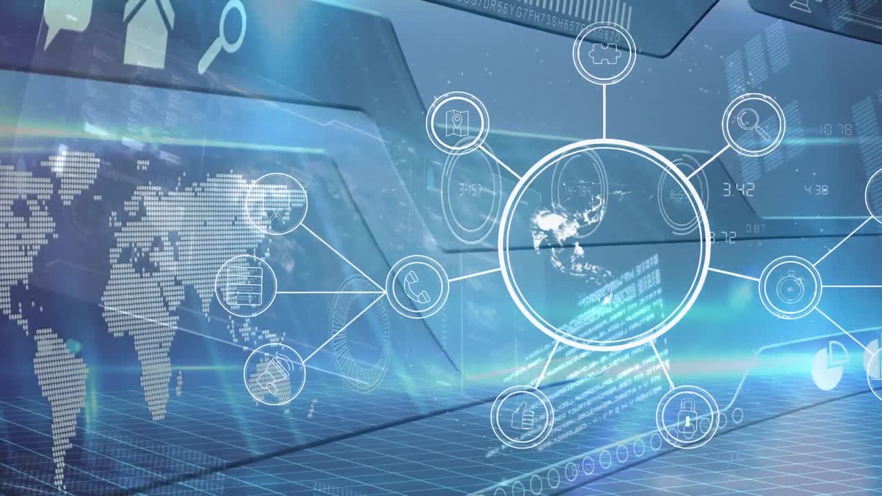 세계 지도 위에 연결된 기술 아이콘과 함께 회전하는 지구의 애니메이션