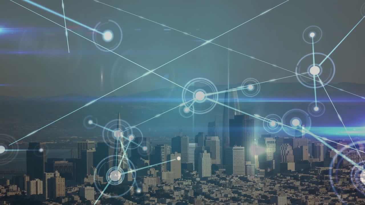Animation of network of connections over cityscape