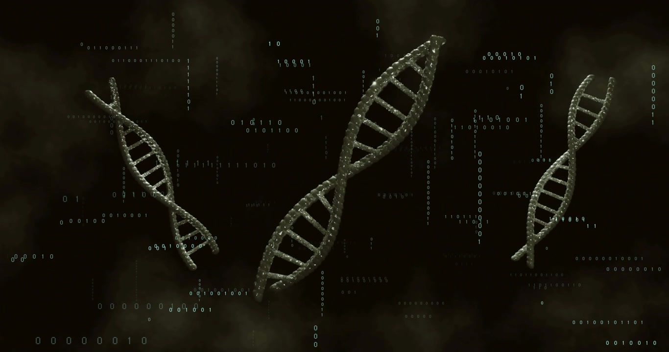 on start three DNA helices drifting rotating while binary swirling visualizing bioinformatics theme