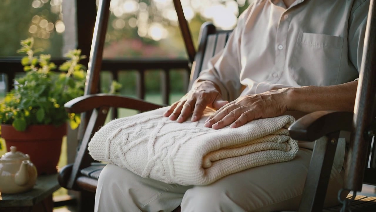 Mani di un pensionato in camicia chiara che liscia e sistema una coperta piegata sul portico