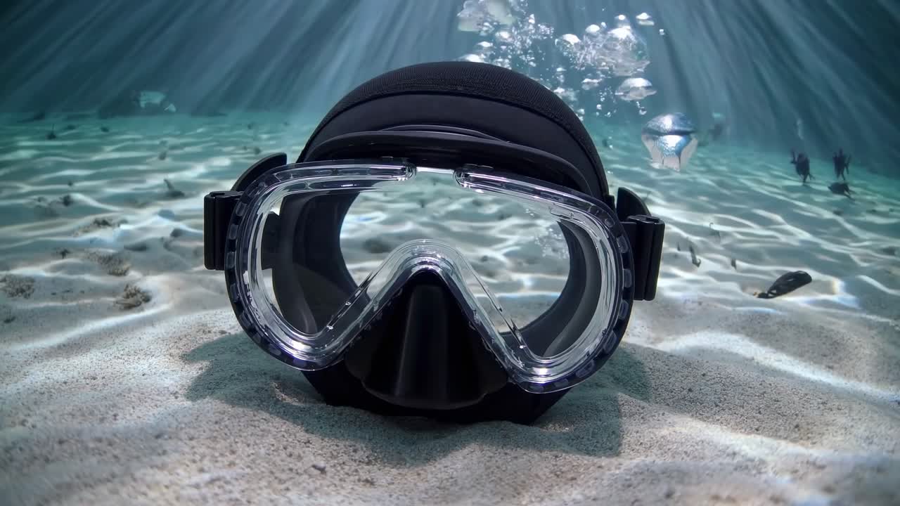 Concept di video subacqueo con un primo piano e un'inquadratura dal basso di una maschera da sub sul fondale oceanico sabbioso