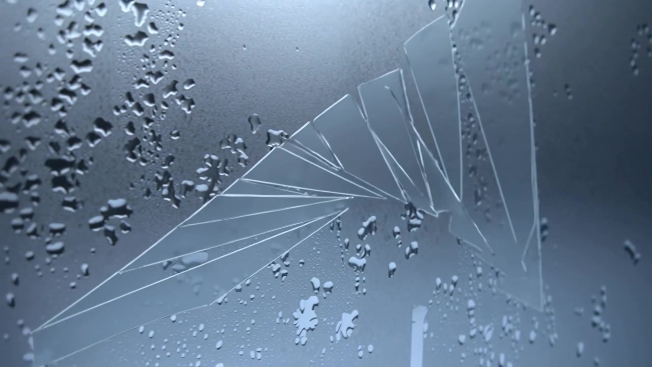 Sequence showing growing etched paper plane motif across fogged window in room, with droplets