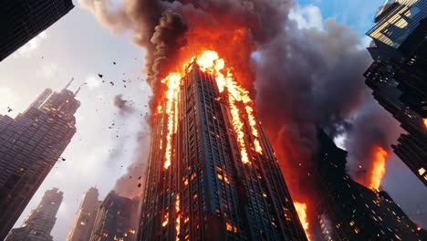 un gran incendio envuelve un edificio alto en el medio de una ciudad