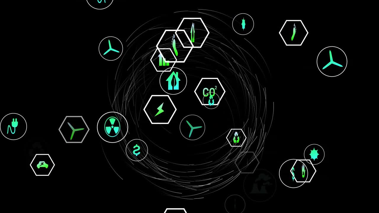 Green-cyan icons in white frames orbiting, clustering as central swirl tightening, showing data