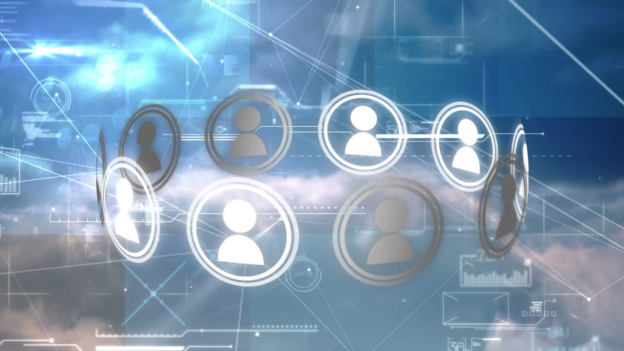 animación de la red de conexiones con personas iconos y procesamiento de datos