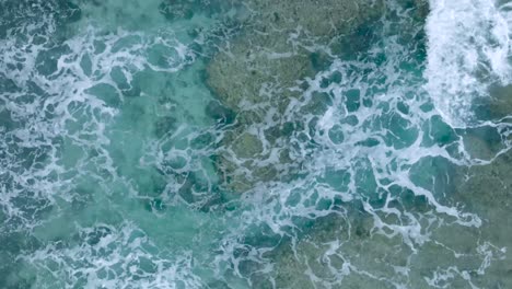 Top-Down-Slow-Motion-Drone-View-of-turquoise-clear-water-and-crashing-waves-over-shallow-coral-reef-in-Uluwatu-Bali-Indonesia