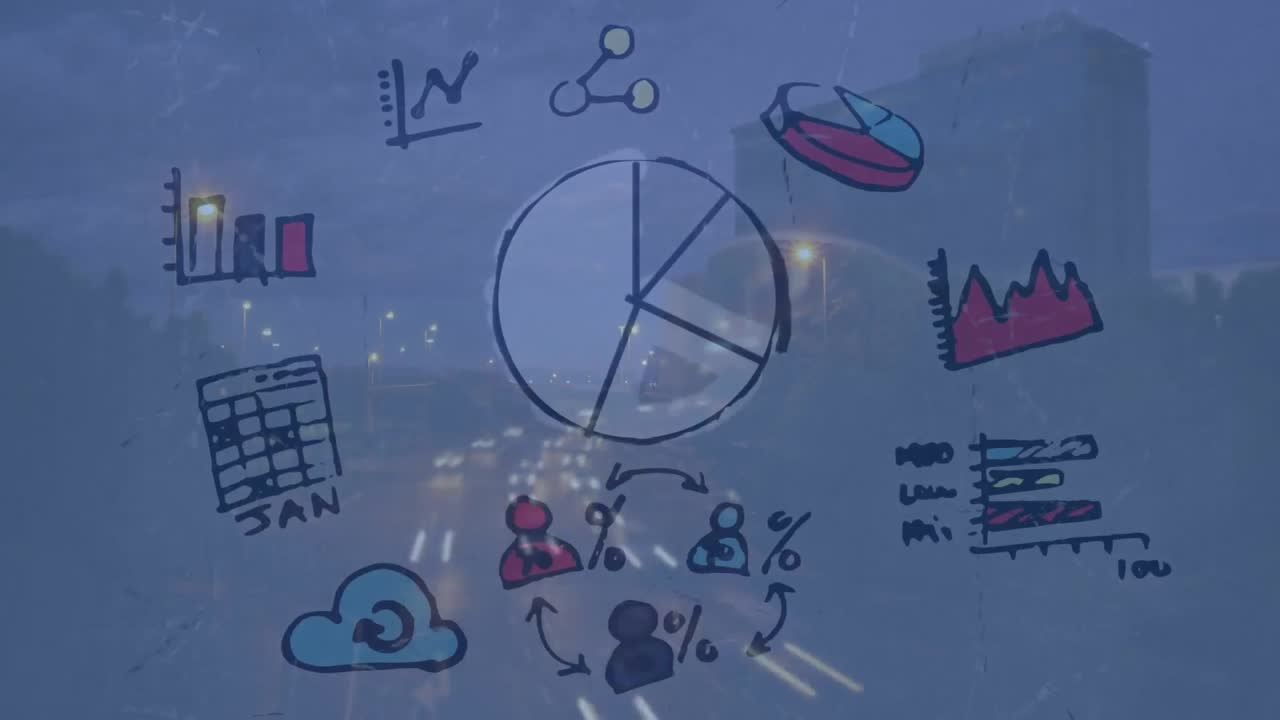 도시 풍경 위의 아이콘의 애니메이션