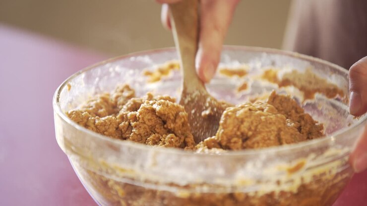 Man making vegan meat. Process, how to cook seitan
