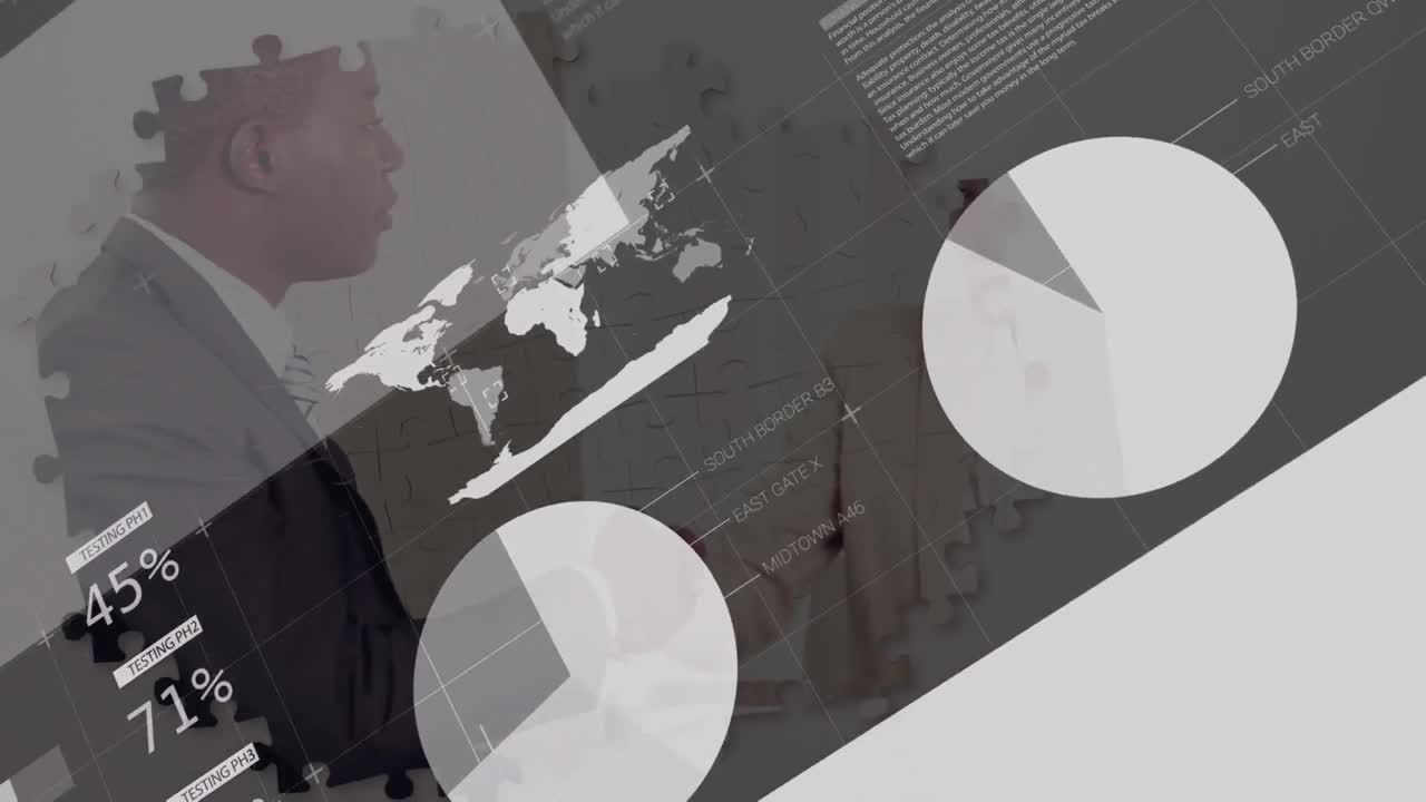 Animación de estadísticas y procesamiento de datos sobre el apretón de manos de un hombre de negocios