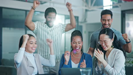 happy, applause or business people with laptop