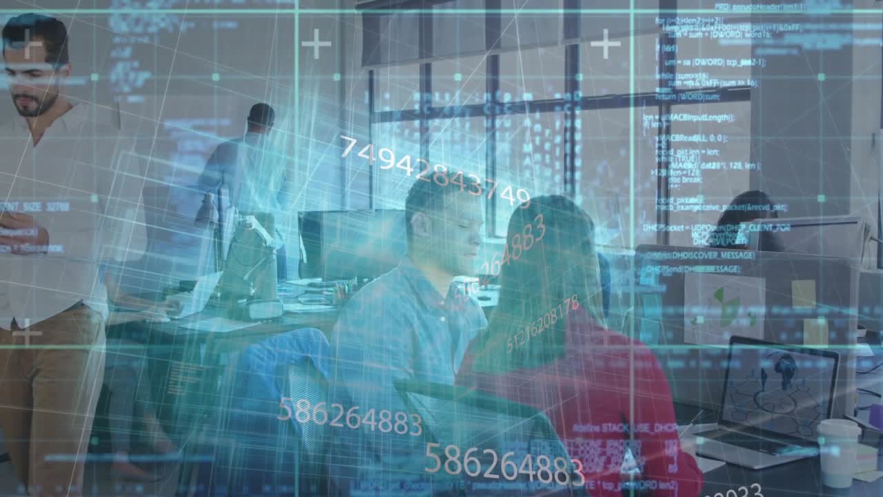 Code overlay pulsing and guiding software team pointing at laptop as standing man scrolling tablet