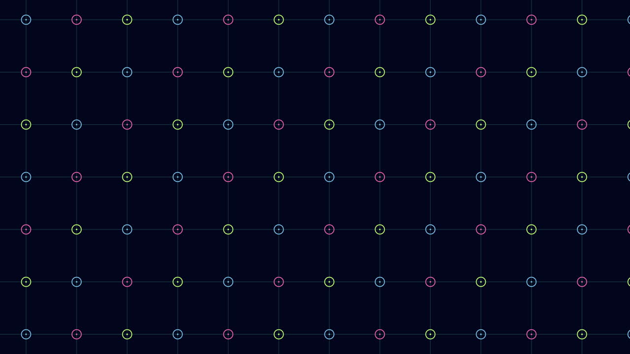 A monochromatic grid displaying a collection of small circles in red, green, and blue shades. The circles are intricately arranged across the patterned background