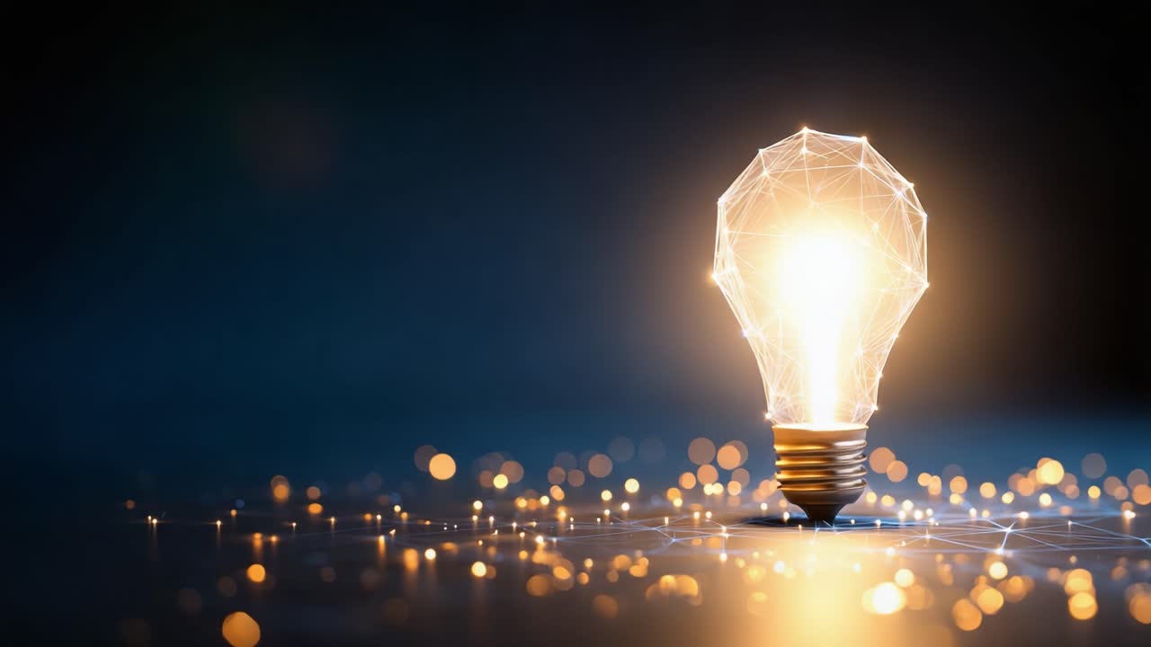 Innovazione illuminante: Una lampadina luminosa con design geometrico che riflette creatività e tecnologia moderna su sfondo scuro.