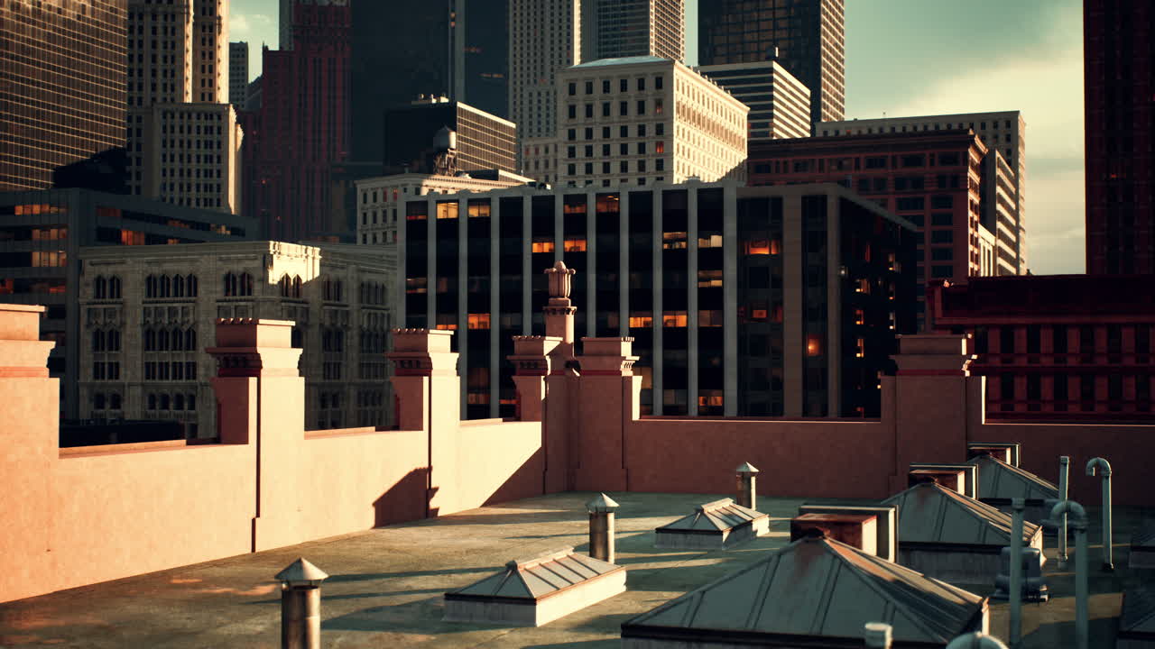 도시 지붕에서 해가 지는 모습