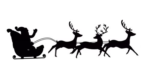 Digital-animation-of-black-silhouette-of-santa-claus-in-sleigh-being-pulled-by-reindeers-against-whi