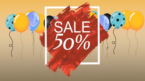 Animation-of-sale-50-percent-text-over-red-smudge-and-balloons-on-orange-background