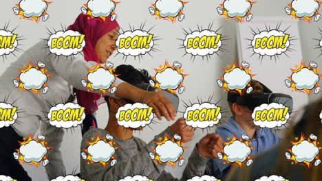 boom text on speech bubbles against kids using virtual reality headset