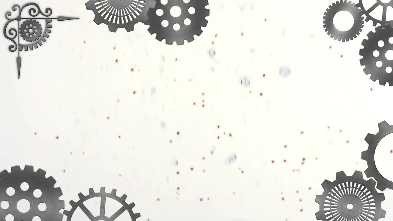 Animation of spots and cogs moving on white background
