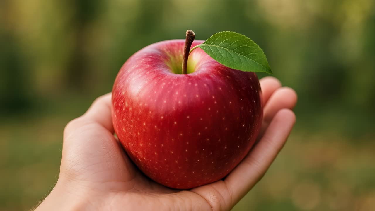 Close-up video shot of a hand holding a red apple with a green leaf