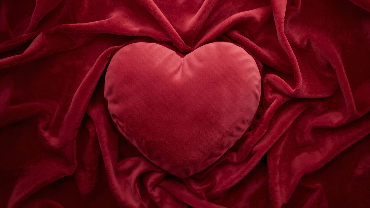 Luce soffusa che si sposta, creando riflessi su un cuscino a forma di cuore rosso appoggiato su un piano di velluto rosso