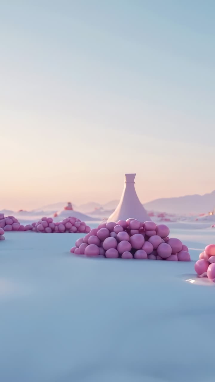 Vertical video: Sunrise starting camera moving to white cone tower on pink mound, showing detail