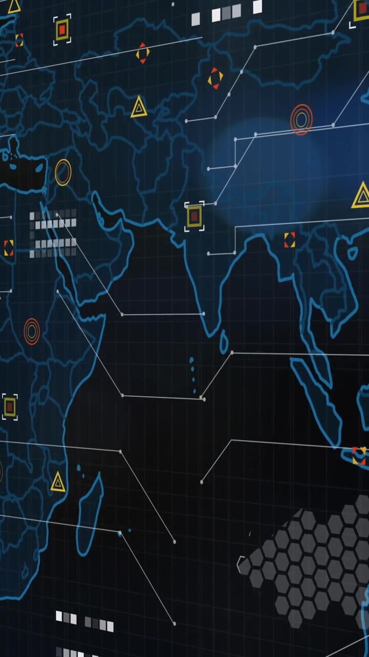 Animation of computer and scientific data processing on black background