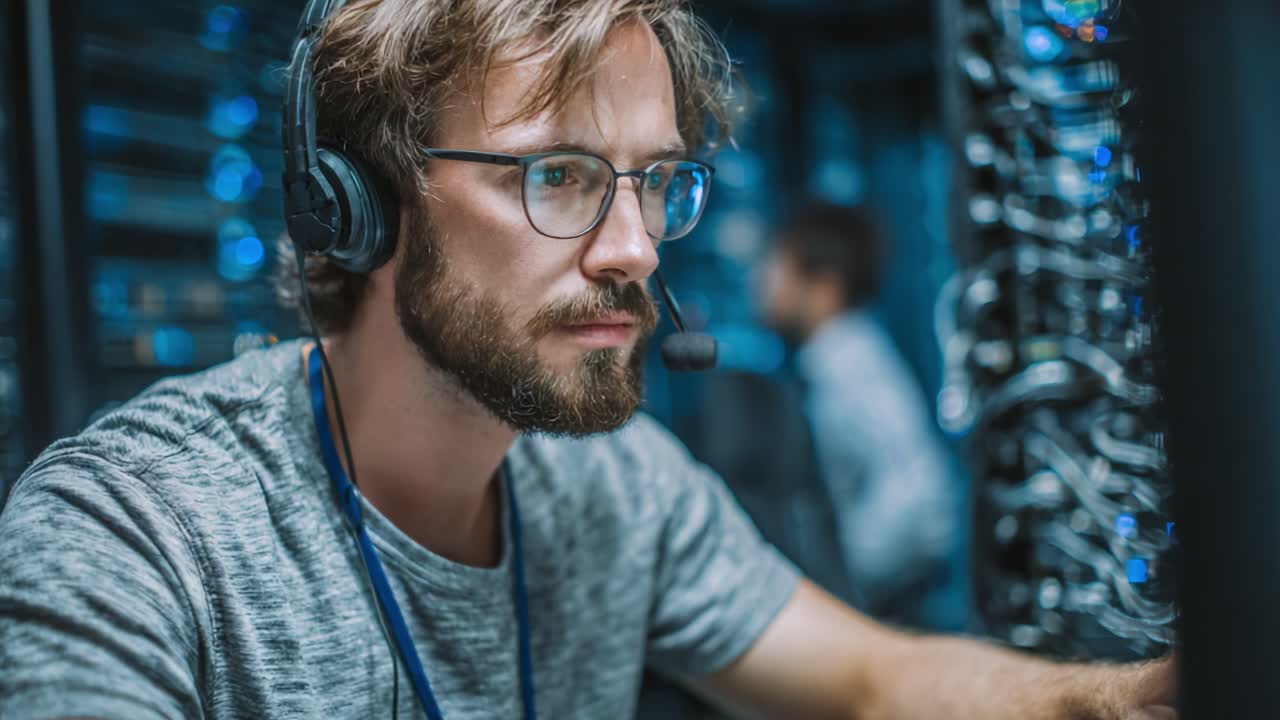 Focused Technician Monitoring Server Systems in a High-Tech Data Center, Showcasing Expertise in Troubleshooting and System Management, Illustrating the Future of IT Support