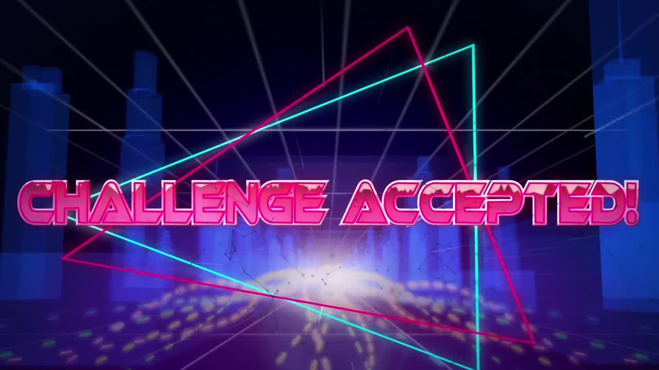 도전 받아들여진 텍스트의 애니메이션은 도시 풍경과 그리드 위에 금속 분홍색 글자로