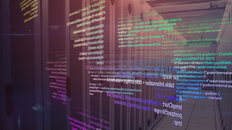 Animatie van gegevensverwerking en een ronde vorm in een naadloos patroon tegen de achtergrond van een computer serverruimte.