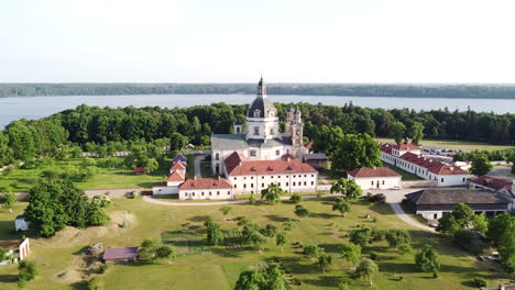 Panoramic-aerial-view-of-Pazaislis-monastery-complex-in-Kaunas-city