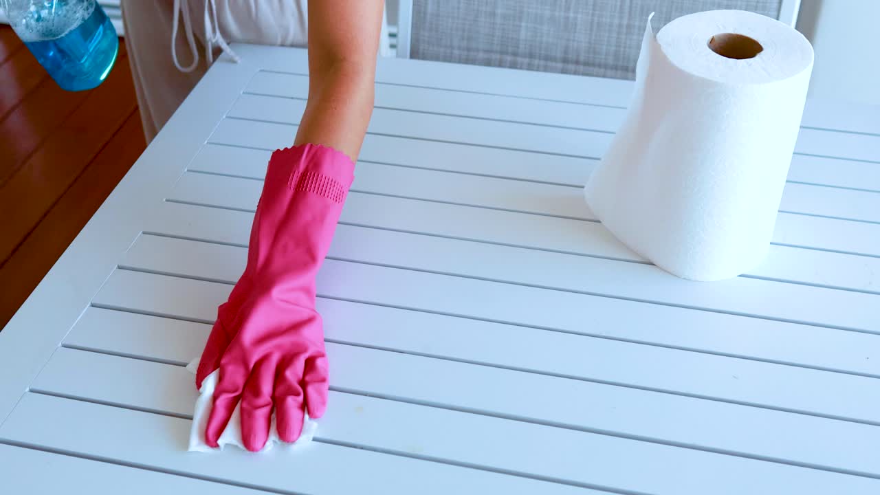 A person wearing pink rubber gloves cleans a white slatted table using cleaning spray and a paper towel in a brightly lit indoor setting