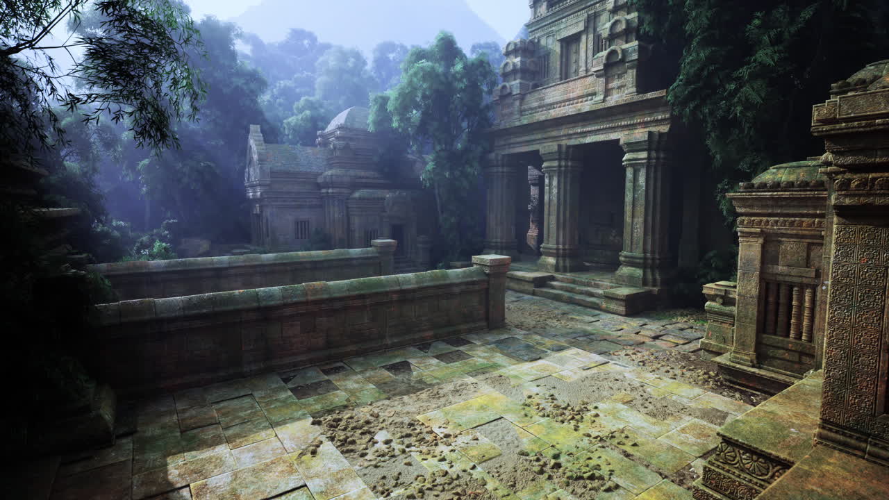 Ancient temple ruins surrounded by lush greenery in a remote area