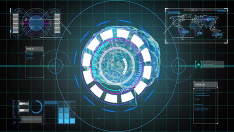 animation of data processing and diagrams over scope scanning and brain