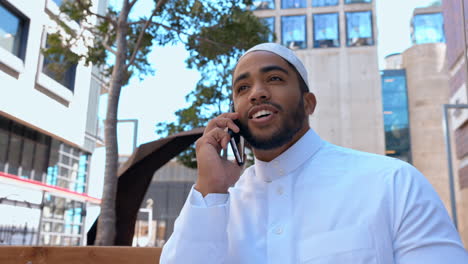 Phone-call,-travel-and-muslim-man-in-the-city