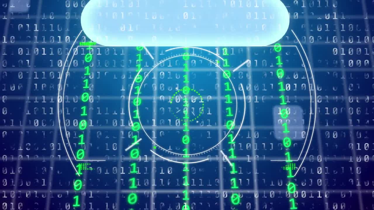 Animation of binary coding data processing over blue background