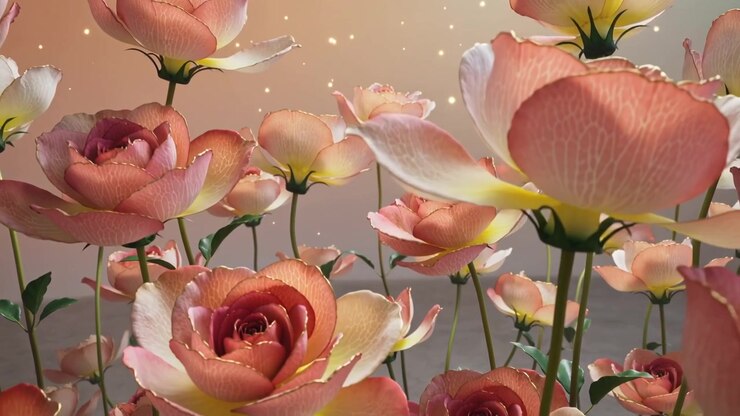 Telecamera da studio che esegue una panoramica dopo un leggero movimento, rivelando rose color pesca con bordi dorati e scintillii che mostrano i petali