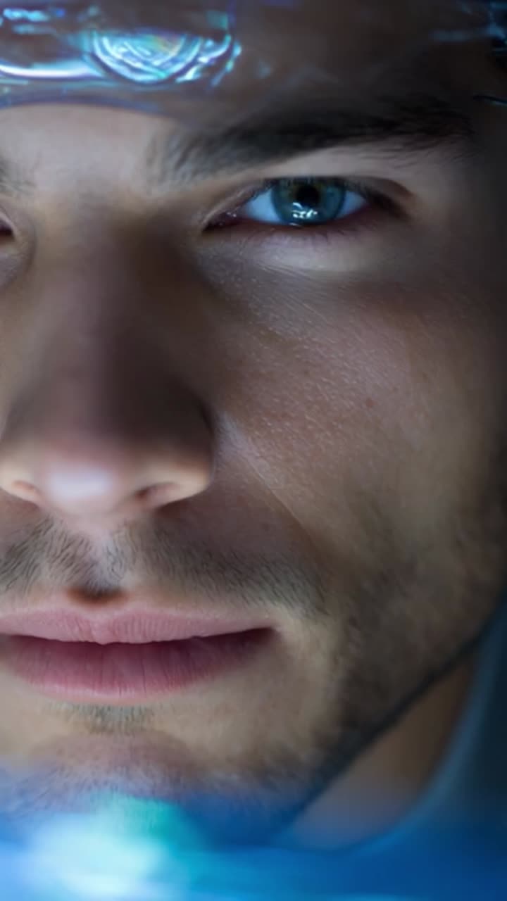 Intense Close-Up of a Young Man's Face, Capturing Profound Emotions and Expressions with a Clear, Detailed Focus on His Striking Blue Eye and Trustworthy Features