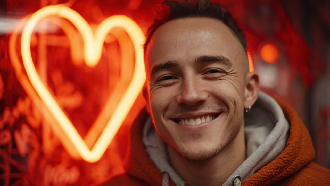 A Joyful Smiling Individual Standing Against a Bright Neon Heart Backdrop, Radiating Positivity and Warmth in an Urban Setting
