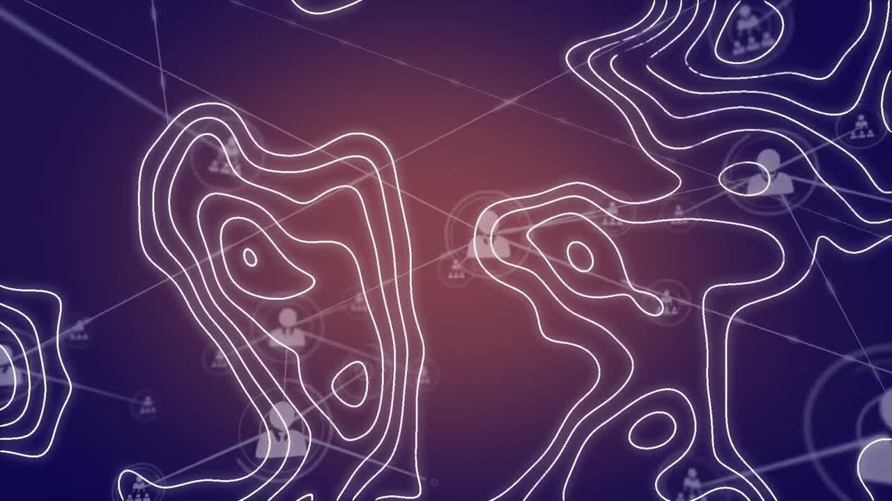 파란색 배경에 아이콘과  ⁇ 색 선으로 연결 네트워크의 애니메이션