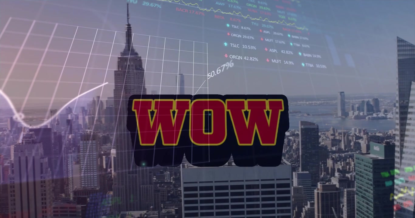 Animation of wow, financial graphs and data over cityscape