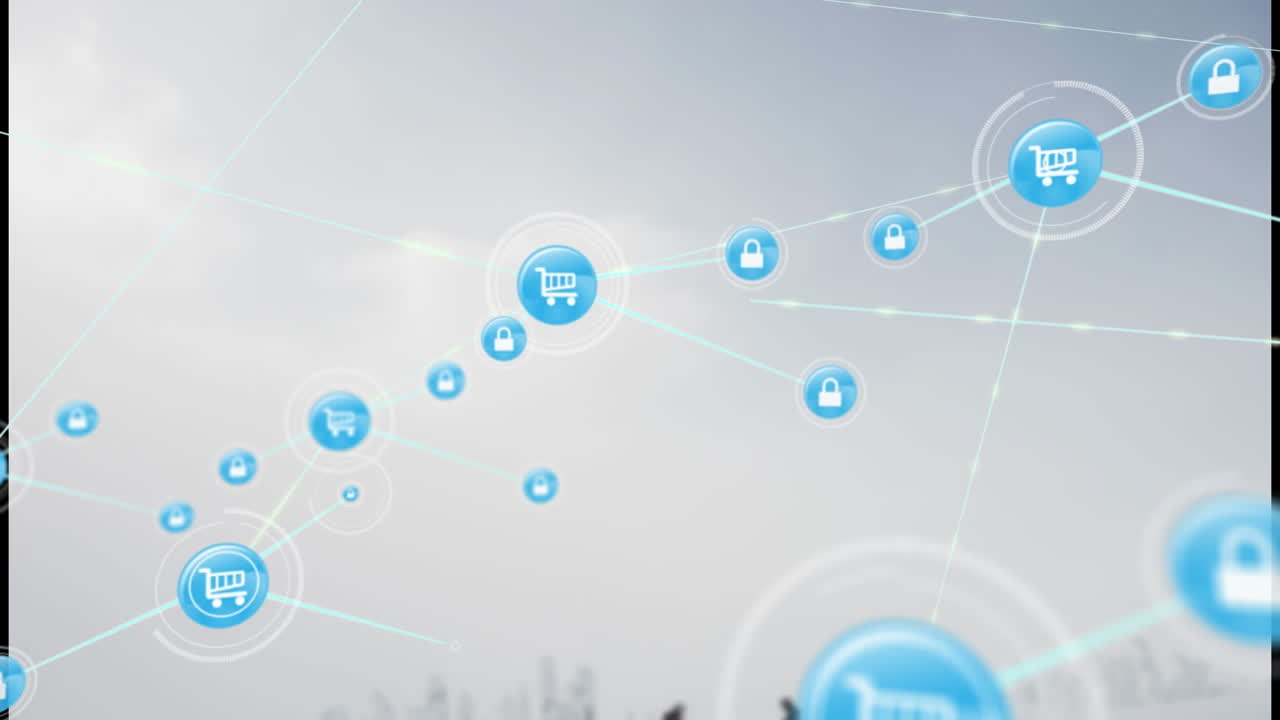 Animation of network of digital icons against grey sky