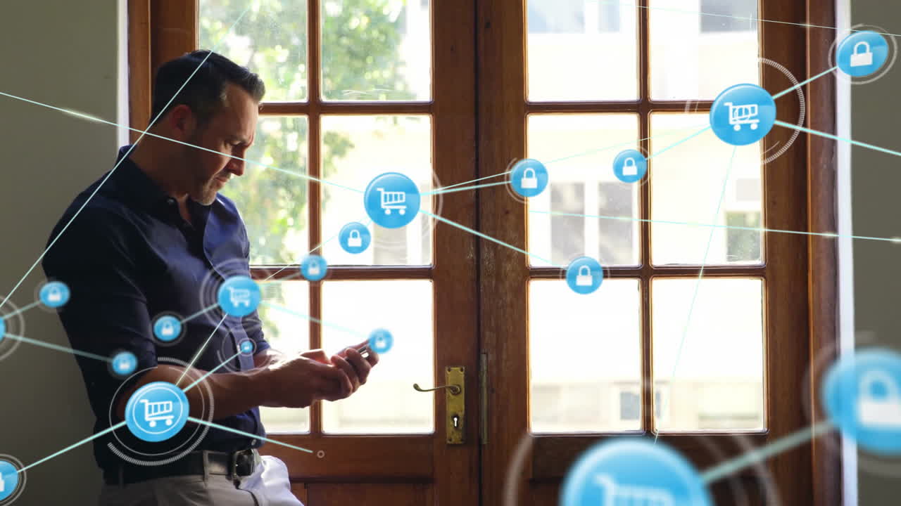 usando un teléfono inteligente, el hombre conectado a las compras y los iconos de seguridad por la ventana