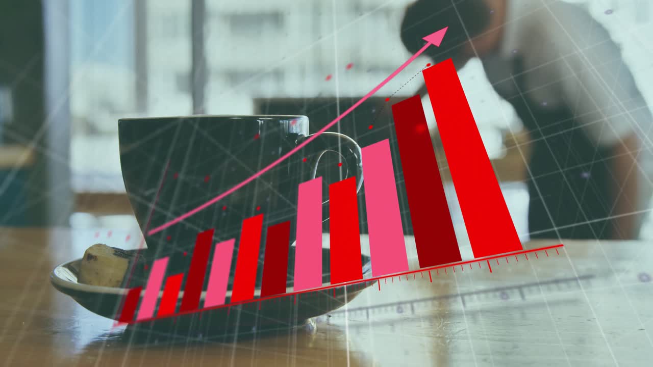 Red baseline fading in triggers bar chart building over coffee cup, illustrating rising sales trend