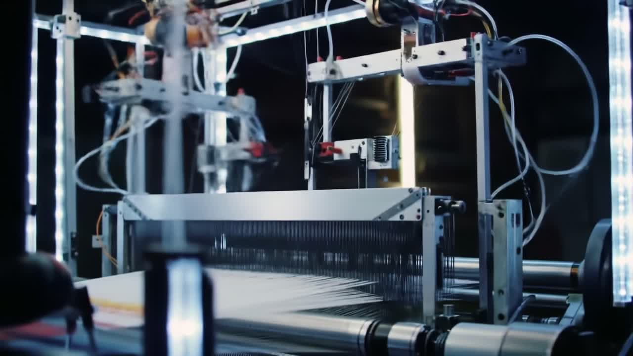 Automazione innovativa nella produzione tessile: macchinari avanzati che mostrano l'elaborazione di tessuti ad alta velocità con robotica di precisione e tecnologia all'avanguardia