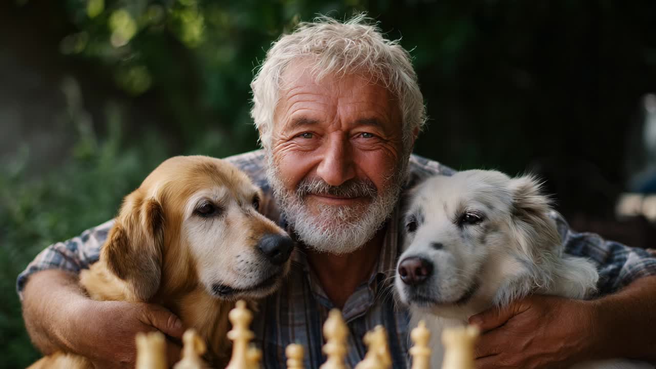 A Heartwarming Moment Captured: An Older Man Joyfully Embracing His Two Beloved Dogs While Sitting Next to a Chessboard in a Beautiful Outdoor Setting, Radiating Love and Companionship